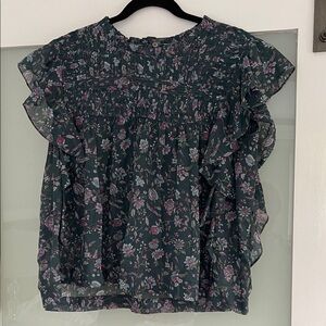 Isabel Marant Floral Ruffle Blouse - Dark Green and Pink